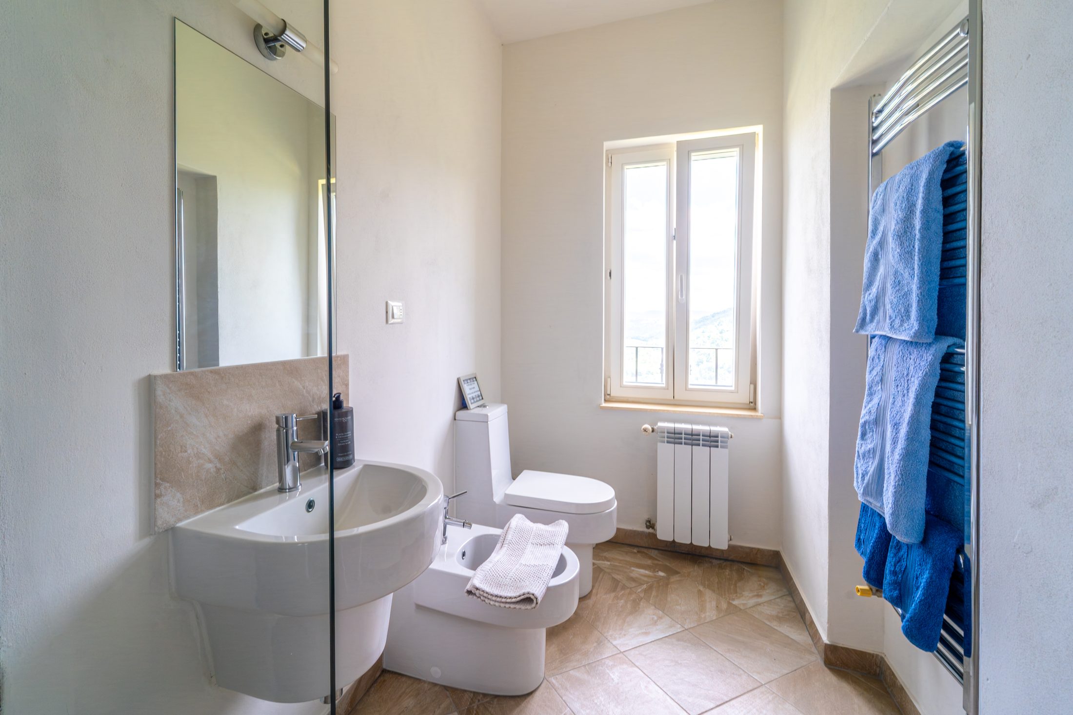 Apartment bathroom with toilet, bidet and sink