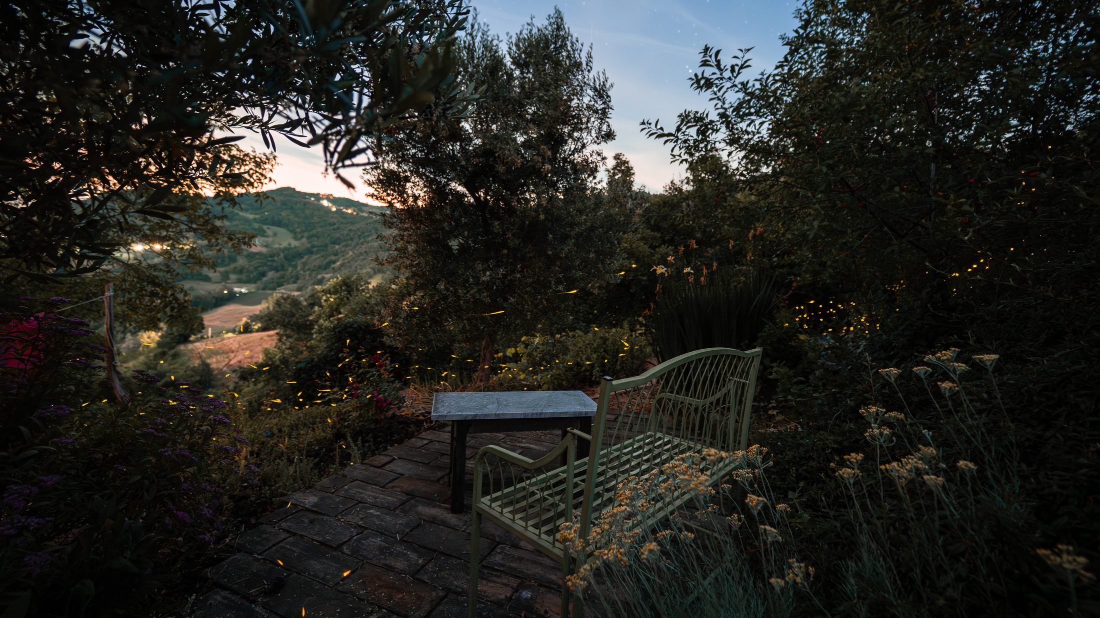 A bench and table on the terrace as fireflies fill the evening air