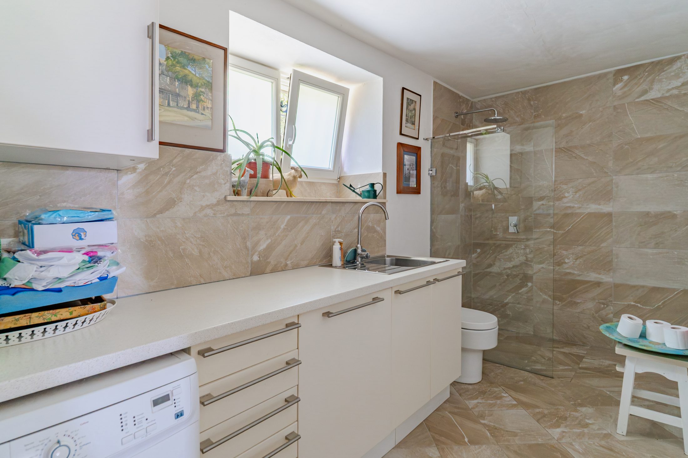 Utility room with shower, toilet and sink