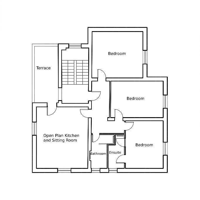 Apartment plan — open-plan kitchen and sitting room, three bedrooms, bathroom, ensuite and terrace