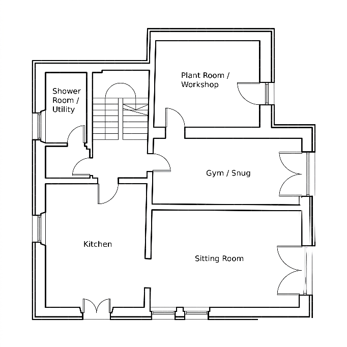 Ground floor plan — kitchen, sitting room, gym/snug and workshop