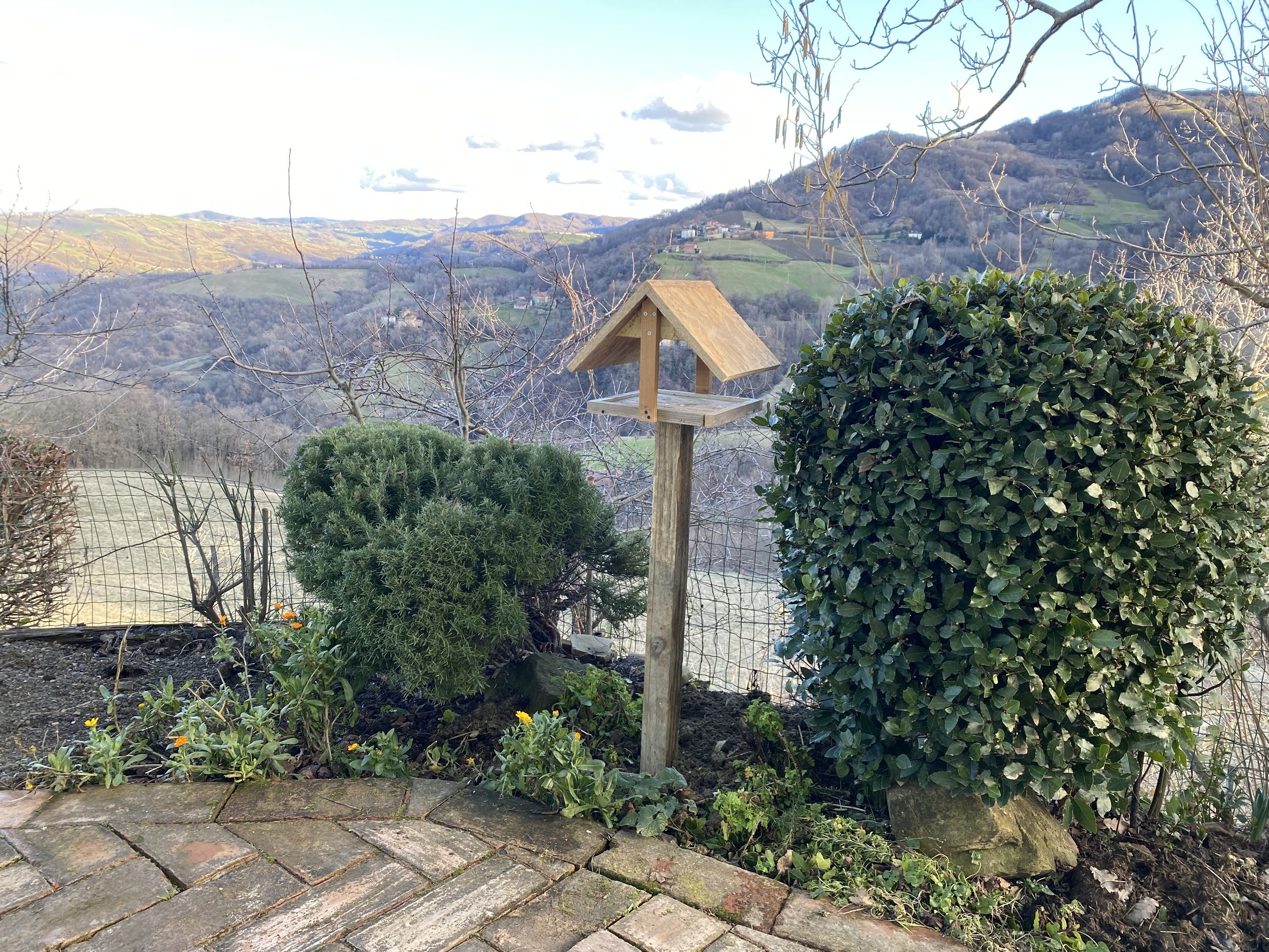 Garden bird table with valley panorama beyond